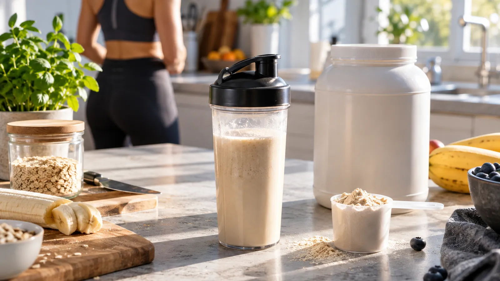 Shaker transparent de boisson protéinée crémeuse sur un plan de travail de cuisine lumineuse, pot de poudre sans étiquette lisible à côté