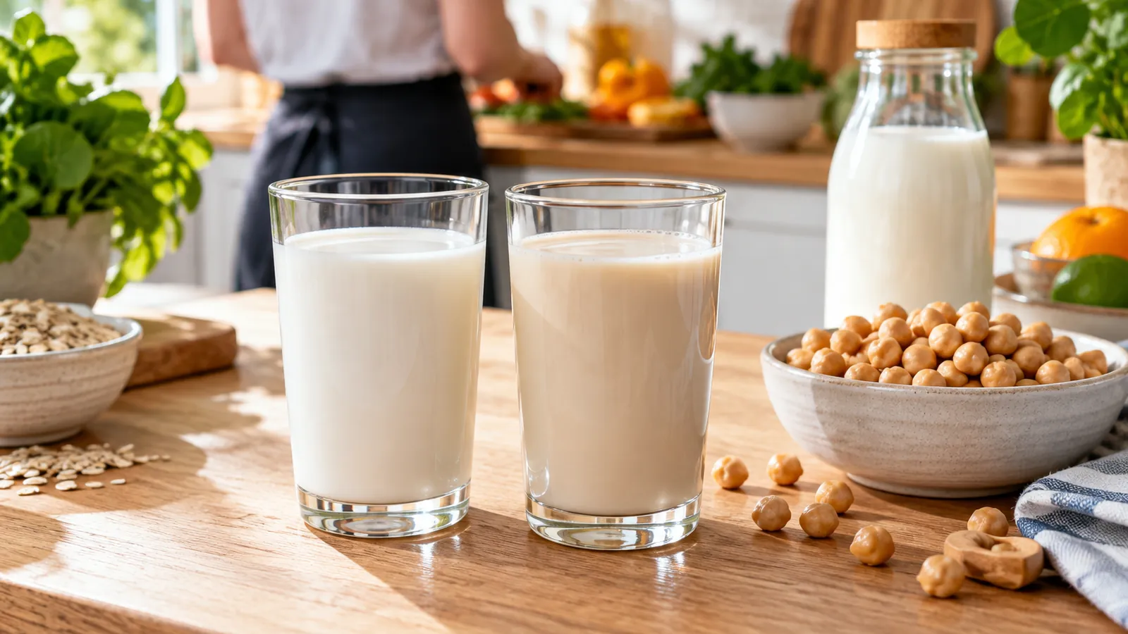 Deux verres côte à côte, l’un de boisson lactée blanche, l’autre de boisson végétale beige, avec un bol de pois chiches et un verre de lait derrière