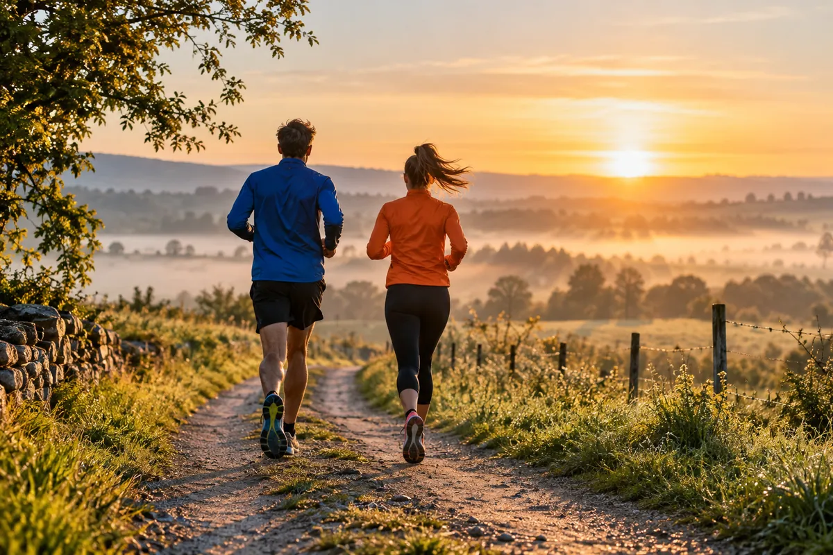 Coureur et coureuse de dos sur un chemin de campagne au lever du soleil, brume légère, blog nutrition sportive