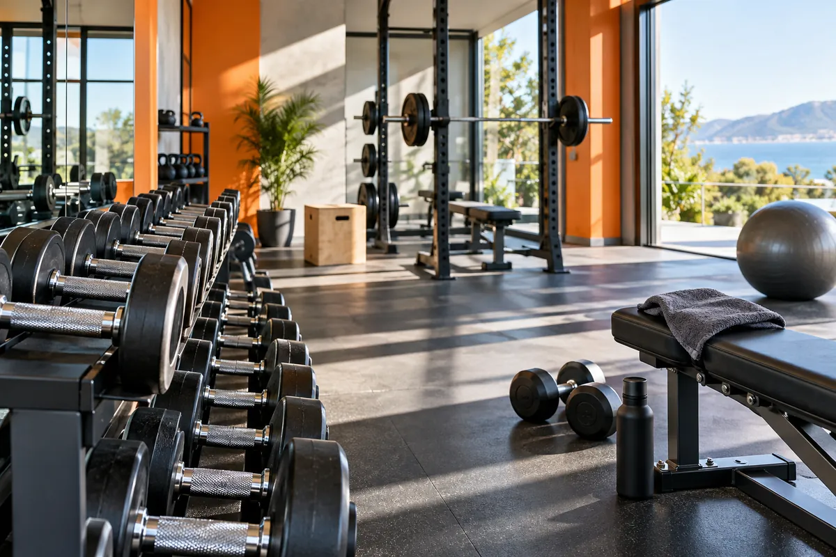 Salle de musculation lumineuse presque vide avec haltères alignés et fenêtre ouverte, blog nutrition sportive
