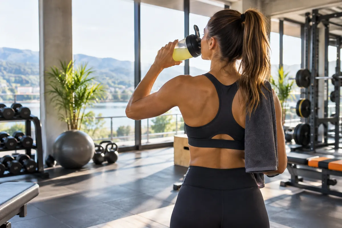 Sportive de dos buvant un shaker dans une salle de sport claire aux grandes baies vitrées