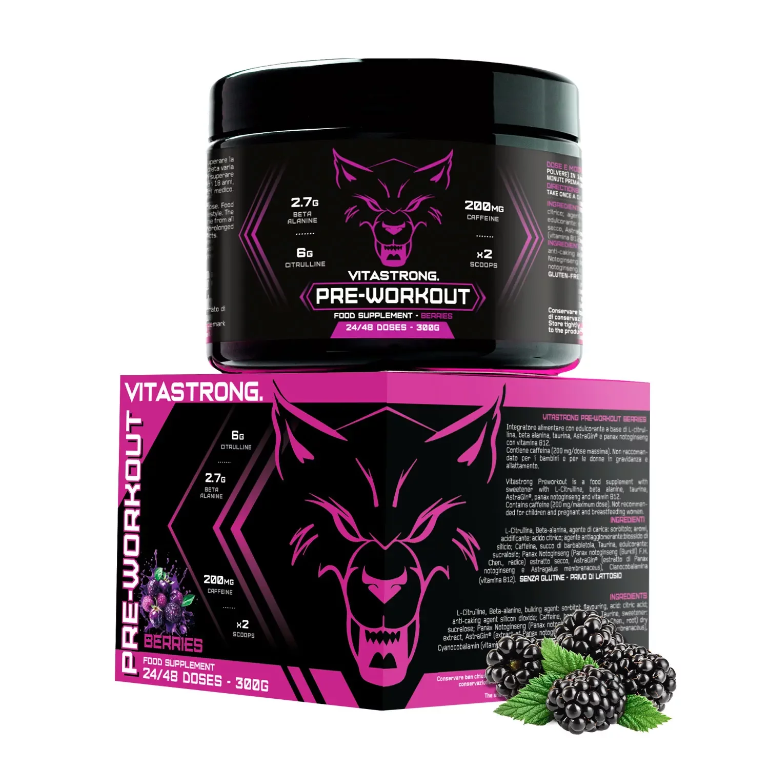 Pré-entraînement puissant Vitastrong, citrulline et bêta-alanine, 300 g saveur baies