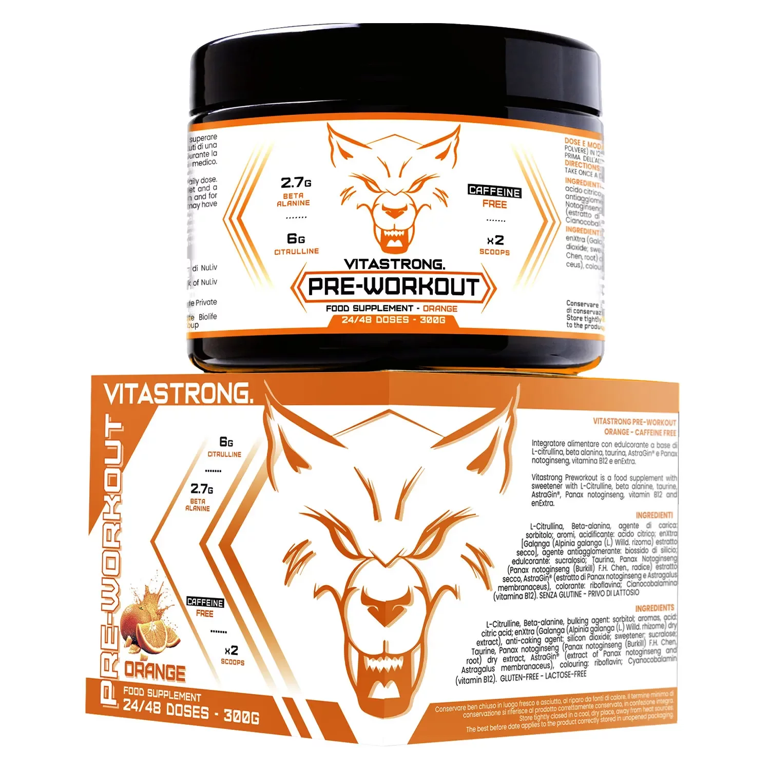 Pré-entraînement sans caféine Vitastrong, formule végétalienne avec enXtra (galanga), 300 g saveur orange