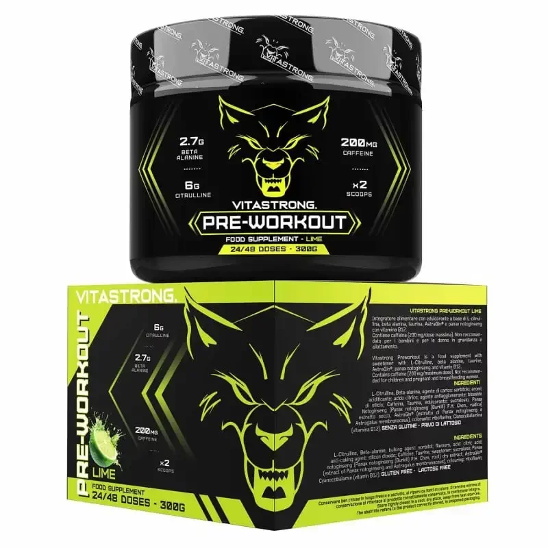 Pré-entraînement végétalien Vitastrong, citrulline, bêta-alanine et caféine, 300 g saveur citron vert